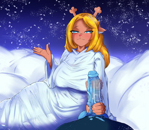 2_horns 5_fingers anthro antlers balls big_breasts big_penis blonde_hair blue_eyes breasts broken_condom brown_horn clothed clothing condom duo erection eyebrows eyelashes female fingers first_person_view freckled_face freckles fully_clothed genitals hair handjob horn huge_breasts huge_penis human_pov long_hair male male/female motion_blur penile penis penis_grab robe sex sexual_barrier_device smile vein veiny_penis wearing_condom white_clothing white_robe nobite deltarune undertale_(series) kris_dreemurr noelle_holiday deer human mammal 2026 absurd_res hi_res