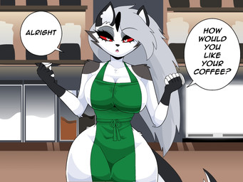 anthro apron apron_only breasts clothing container cup eyebrows eyelashes female fur green_apron green_clothing grey_hair hair holding_container holding_cup holding_object holding_pen looking_at_viewer notched_ear pen red_sclera solo speech_bubble tail text thick_thighs white_body white_fur carliabot hellaverse helluva_boss i_mean_breast_milk mythology loona_(helluva_boss) canid canid_demon canine demon hellhound mammal mythological_canine mythological_creature 2025 4:3 english_text meme