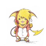 ambiguous_gender clothing cosplay costume evolutionary_family feral footwear hoodie jacket pokemon_costume shoes solo standing topwear itsbirdyart nintendo pokemon generation_1_pokemon pikachu pokemon_(species) raichu 1:1 2013 colored_pencil_(artwork) low_res traditional_media_(artwork) watermark