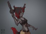 2022 5_fingers anthro black_hair breasts clothed clothing digital_media_(artwork) domestic_cat eyebrows eyelashes felid feline felis female fingers gun hair holding_gun holding_object holding_ranged_weapon holding_weapon koul mammal midriff navel patreon patreon_logo qr_code ranged_weapon red_eyes red_hair smile solo text url weapon
