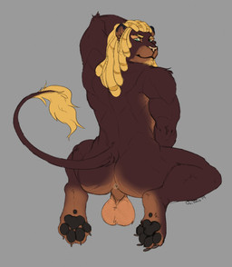 anthro backsack balls big_balls blonde_hair brown_body brown_fur butt dreadlocks feet fur genitals hair hindpaw kneeling looking_back male muscular muscular_anthro muscular_male pawpads paws penis rear_view saggy_balls solo tail tail_tuft tuft vein veiny_penis quillan_(artist) felid lion mammal pantherine hi_res