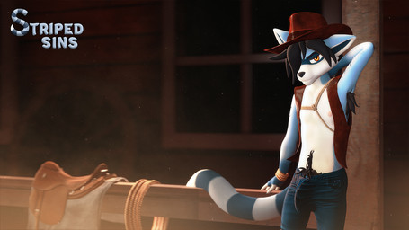 anthro armpit_fetish armpit_hair bdsm big_bulge black_hair blue_body blue_fur body_hair bondage bottomwear bound bulge clothed clothing cowboy cowboy_hat cowboy_outfit denim denim_bottomwear denim_clothing dust fur hair happy_trail hat headgear headwear huge_bulge jeans looking_at_viewer male markings open_clothing open_topwear open_vest pants presenting_armpit pubes pubes_exposed restraints rope rope_bondage rope_harness saddle seductive smile solo striped_markings striped_tail stripes tail tail_markings topwear vest western wild_west yellow_eyes willitfit striped_sins felix_(striped_sins) mammal procyonid raccoon 16:9 3d_(artwork) digital_media_(artwork) widescreen