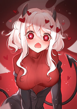 blush breasts clothed clothing female fully_clothed hair heart_eyes heart_symbol horn not_furry open_mouth red_eyes solo spade_tail sweater tail topwear white_hair ciyuan_zhi_xi helltaker modeus_(helltaker) demon humanoid absurd_res hi_res