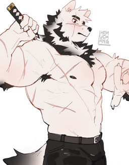 5_fingers anthro armpit_hair beard belt big_muscles black_beard black_belt black_bottomwear black_clothing black_eyes black_facial_hair black_nipples black_pants blush body_hair bottomwear chest_hair chest_scar clothing eye_scar facial_hair facial_scar fingers fur katana male melee_weapon muscular muscular_anthro muscular_male nipples pants scar scars_all_over solo standing sword weapon white_body white_fur hemuchang canid canine mammal 2022 hi_res