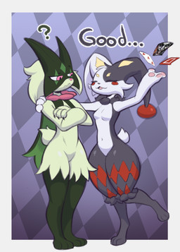 anthro breasts card crossed_arms duo female fur green_body green_fur multicolored_body open_mouth simple_background tail text thick_thighs yellow_eyes smoothymilk nintendo palworld pocketpair pokemon dupin_(pal) felid feline generation_9_pokemon lagomorph leporid mammal meowscarada pal_(species) pokemon_(species) rabbit digital_media_(artwork) hi_res