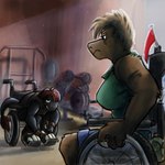 anthro detailed_background disability duo female frown glare gym muscular muscular_female paraplegic sleeveless_shirt tension vehicle weights wheelchair crossroadspony raemyshu rvb_revolution agent_texas nelson_(rvb_revolution) chupadore 1:1 hi_res