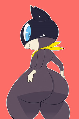 ambiguous_gender anthro big_butt black_body black_fur blue_eyes butt butt_jiggle curvy_figure fur hand_on_butt huge_butt jiggling kerchief looking_at_viewer looking_back mask red_background simple_background solo standing teasing thick_thighs voluptuous white_body white_fur sqoon atlus megami_tensei persona_(series) persona_5 sega morgana_(persona) domestic_cat felid feline felis mammal tuxedo_cat 2019 2d_animation animated digital_media_(artwork) frame_by_frame loop