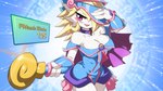 3_fingers blonde_hair blue_clothing blue_headwear breasts cleavage clothed clothing collarbone cosplay female fingers hair headgear headwear holding_object not_furry open_mouth pink_eyes pink_tongue solo text tongue white_body drunk_oak nintendo pokemon yu-gi-oh! dark_magician_girl duel_monster gardevoir generation_3_pokemon humanoid pokemon_(species) 16:9 2022 english_text hi_res widescreen