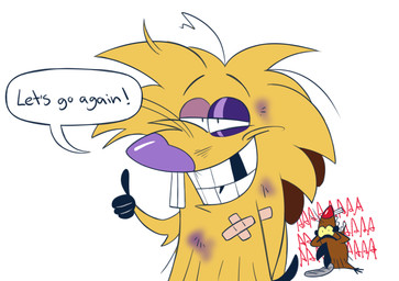 anthro band-aid bandage beaver_tail black_eyes blonde_hair brown_body brown_fur bruised bruised_eye buckteeth duo exclamation_point fur gesture grey_tail hair half-closed_eyes hand_gesture hand_on_head hand_on_own_head male missing_tooth narrowed_eyes purple_eyes purple_nose red_nose screaming sharp_teeth simple_background smile speech_bubble standing tail teeth text three-quarter_view thumbs_up white_background wounded yellow_body yellow_fur yellow_sclera 8-bit-britt nickelodeon nickelodeon_all-star_brawl the_angry_beavers daggett_beaver norbert_beaver beaver mammal rodent 2026 digital_media_(artwork) english_text hi_res brother_(lore) brothers_(lore) sibling_(lore)