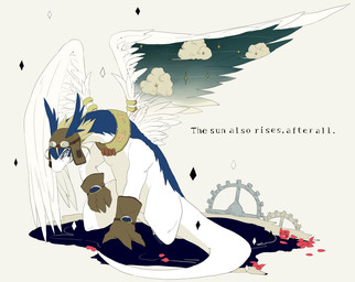 anthro aviator_cap blonde_hair blue_body blue_eyes clothing cloud collar eyewear feathered_wings feathers furgonomic_piercing furgonomics gear gloves goggles hair handwear kemono kneeling male multicolored_body petals piercing simple_background sky solo tail text thick_tail two_tone_body white_background white_body wing_piercing wings sigi0406 legendz mythology shiron dragon mythological_creature mythological_scalie scalie windragon english_text