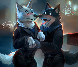 anthro anthro_on_anthro belt black_body black_fur blue_eyes blush bottomwear brown_eyes bulge clothed clothing dialogue duo eye_contact flirting fur heart_symbol jacket looking_at_another male male/male open_mouth pants shirt speech_bubble teeth text tongue topwear uniform white_body white_fur cheetahpaws disney zootopia gary_(zootopia) larry_(zootopia) canid canine canis mammal wolf 2016 digital_media_(artwork) english_text