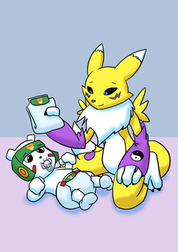 age_regression ambiguous_gender anthro black_eyes blue_eyes clean_diaper clothed clothing diaper diaper_change duo footwear fur hat headgear headwear holding_diaper legwear lying neonate object_in_mouth pacifier pacifier_in_mouth size_difference smile socks touching_diaper wearing_diaper white_body white_fur yellow_body yellow_fur young young_anthro artiecanvas bandai_namco digimon bear digimon_(species) kumamon mammal renamon hi_res