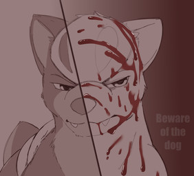 ambiguous_feral ambiguous_gender blood blood_from_mouth blood_in_mouth blood_on_face bodily_fluids fangs feral fur mouth_closed narrowed_eyes pupils short_tail snout solo tail teeth text miau nintendo pokemon eros_(miau) canid canine generation_2_pokemon houndour mammal pokemon_(species) 2026 absurd_res english_text hi_res restricted_palette