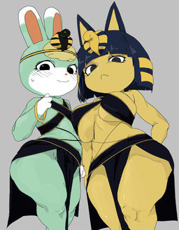 anthro biped blonde_hair blue_body blush breasts clothed clothing duo eyelashes female frown grey_background hair pink_nose simple_background skimpy smile uraeus white_body yellow_body meckmeck00124 animal_crossing nintendo ankha_(animal_crossing) sasha_(animal_crossing) domestic_cat felid feline felis lagomorph leporid mammal rabbit hi_res