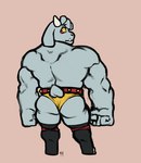 anthro back_muscles belt butt fur grey_body grey_fur horn male muscular muscular_anthro red_eyes solo tusks wrestler wrestling_briefs yellow_sclera magnaarc kings_of_hell enfer_belial bovid caprine demon goat mammal absurd_res hi_res