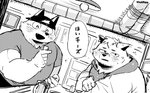 anthro band-aid bandage belly blush clothing dialogue_box duo eyes_closed humanoid_hands kemono male overweight overweight_male shirt simple_background text topwear uokkom canid canine mammal 2020 hi_res japanese_text monochrome