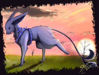 ambiguous_gender blue_eyes cloud collar detailed_background feral fur grass harness looking_at_viewer open_mouth outside paws plant purple_body purple_fur sky solo sun tree fadingsky nintendo pokemon canid canine eeveelution espeon generation_2_pokemon mammal pokemon_(species) 2013 hi_res