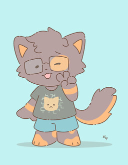 bottomwear cheek_tuft chibi clothing dot_eyes eyewear facial_tuft fluffy fur gesture glasses grey_body hair hand_gesture male one_eye_closed orange_body orange_fur shirt shorts simple_eyes solo t-shirt topwear tuft v_sign wink elzrydo soffi calico_cat domestic_cat felid feline felis mammal tortoiseshell_cat hi_res
