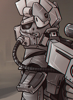 alternate_universe ambiguous_gender armor black_eyes cracks feral gas_mask grey_armor grey_helmet headgear helmet machine mask outside power_armor scratches side_view solo wasteland weapon whitepone fallout fallout_equestria hasbro microsoft my_little_pony fan_character steelhooves_(fallout_equestria) earth_pony equid equine horse mammal pony crossover hi_res