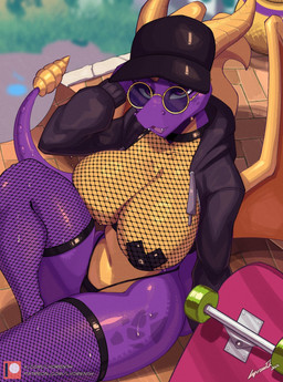 anthro big_breasts black_clothing black_hoodie black_legwear black_panties black_topwear black_underwear bodily_fluids breasts clothed clothing crossgender eyebrows eyelashes eyewear fangs female fishnet_clothing fishnet_legwear glistening glistening_breasts hat headgear headwear hoodie horn huge_breasts legwear looking_at_viewer mtf_crossgender navel nipple_outline nipple_tape non-mammal_breasts panties pasties purple_body purple_scales scales sitting skateboard solo sunglasses sweat sweaty_breasts tail tape teeth thick_thighs topwear underwear vehicle wings yellow_body lyorenth-the-dragon activision european_mythology mythology spyro_the_dragon spyro dragon mythological_creature mythological_scalie scalie western_dragon 2026 hi_res