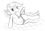 anthro anthrofied biped bottle breasts clothed clothing container feathered_wings feathers female hair looking_at_viewer lying navel nipples on_side panties simple_background solo tail teeth topless underwear water white_background wings young tg-0 friendship_is_magic hasbro my_little_pony mythology scootaloo_(mlp) equid equine mammal mythological_creature mythological_equine pegasus monochrome sketch