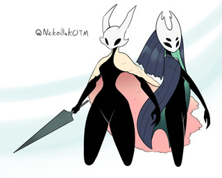 anthro black_body charm_(jewelry) cloak clothing curvy_figure duo female green_cloak green_clothing multi_eye pink_cloak pink_clothing slim veil weapon latiar hollow_knight_(franchise) team_cherry aloe_(nickzilla) clover_(nickzilla) arthropod humanoid insect vessel_(species) 5:4 hi_res