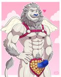 abs anthro arm_hair balls bedroom_eyes biceps big_muscles big_penis blue_eyes blue_nose blue_penis body_hair box_of_chocolates candy chest_hair chest_tuft chocolate dessert erection feathered_wings feathers food fur genitals grey_body grey_fur hand_on_hip harness heart_symbol holidays looking_at_viewer male mane mischievous mischievous_smile muscular muscular_anthro muscular_male narrowed_eyes outline peeking_penis penis pink_background pubes seductive simple_background solo standing triceps tuft vein veiny_penis white_body white_fur white_outline wings neruk valentine's_day cupid felid feline lion mammal pantherine absurd_res half-length_portrait hi_res portrait