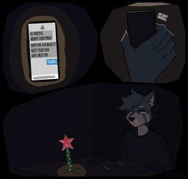 3_panel_comic 5_fingers :< anthro black_clothing black_nose black_shirt black_topwear blue_body blue_fur blue_hair branch cellphone cheek_tuft christmas_decorations christmas_lights christmas_star christmas_tree claws clothing dark depression electronics exclamation_point eyebrows eyelashes facial_tuft fingers food fruit fur furniture gravy greeting hair head_tuft holiday_message holidays humanoid_hands inner_ear_fluff inside legume lunch_tray male mashed_potatoes meatball message multicolored_body multicolored_fur narrowed_eyes offscreen_character pea_(food) phone plant pupils red_eyes red_star sad screen screen_glow shirt sitting slit_pupils smartphone social_anxiety solo speech_bubble striped_body striped_fur stripes table text texting thanking tired topwear tree tuft two_tone_body two_tone_fur user_interface white_body white_fur white_sclera suitedwolfie christmas reid_(suitedwolfie) ailurid mammal red_panda 2025 comic digital_drawing_(artwork) digital_media_(artwork) english_text hi_res shaded father_(lore) mother_(lore) parent_(lore)