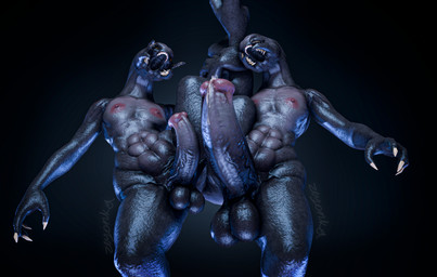 2_toes 4_fingers abs anthro areola ball_size_difference balls big_areola big_balls big_penis black_background bodily_fluids claws cum cum_on_penis digitigrade duo erection feet fingers flexible genital_fluids genitals glistening glistening_body glistening_skin grey_body grey_skin holding_another's_leg holding_leg huge_penis looking_at_another low-angle_view male male/male nipples not_furry on_one_leg open_mouth pecs penile penis penis_size_difference penises_touching raised_leg red_areola red_nipples sharp_teeth simple_background splits spread_legs spreading standing teeth thick_thighs toes vein veiny_penis wide_hips zelyonka akkoarcade_(modeler) halo_(series) microsoft xbox_game_studios alien sangheili 3d_(artwork) absurd_res digital_media_(artwork) hi_res source_filmmaker_(artwork) watermark