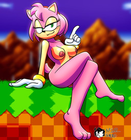 anthro blush breasts clothing crossed_legs female genitals gesture gloves hand_gesture handwear nipples nude pointing pointing_up sitting small_breasts smile smirk solo vulva kaijusundae sega sonic_the_hedgehog_(series) amy_rose eulipotyphlan hedgehog mammal absurd_res hi_res