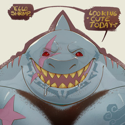 anthro beard blue_body bodily_fluids body_hair chest_hair chest_markings drooling facial_hair facial_markings facial_scar front_view gills glistening glistening_eyes head_markings looking_at_viewer male male_anthro markings muscular muscular_anthro muscular_male nude open_mouth open_smile overweight overweight_anthro overweight_male red_eyes saliva scar simple_background smile solo speech_bubble teeth text white_background yellow_teeth chocolateandmilk aquatic fish shark 1:1 bust_portrait english_text hi_res portrait