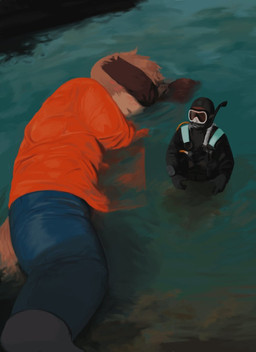 anthro biped bottomwear brown_body brown_fur clothed clothing collared_shirt countershading denim denim_bottomwear denim_clothing diving_mask dress_shirt duo ear_over_eye fur fur_markings jeans looking_aside lying macro male markings mask on_side open_mouth pants partially_submerged scuba_diver scuba_gear shaggy_fur shirt tail topwear water wet wet_clothing wetsuit qs75834 animal_crossing nintendo digby_(animal_crossing) canid canine human mammal