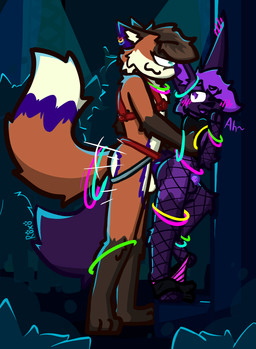 anal anthro armwear big_ears big_tail black_clothing black_crop_top black_shirt black_topwear blush blush_lines bottomwear bottomwear_down brown_hair chastity_cage chastity_device clothed clothed_sex clothing countershade_accent crop_top crowd duo ear_blush ear_piercing ear_ring fishnet_armwear fishnet_clothing fishnet_legwear fur glow_ring glowstick_bracelet group hair harness jockstrap legwear lights male male/male moan orange_body orange_fur panties panties_down partially_clothed party pattern_bottomwear pattern_clothing pattern_panties pattern_underwear piercing pinned pinned_to_wall public public_sex purple_body purple_fur purple_hair rave red_clothing red_harness red_jockstrap red_underwear ring_piercing sex shirt shorts shorts_down size_difference standing standing_sex striped_bottomwear striped_clothing striped_panties striped_underwear stripes tail text topwear underwear underwear_down roxo_(artist) mochafox_(itsmochafox) roxo canid canine fennec_fox fox mammal true_fox hi_res signature