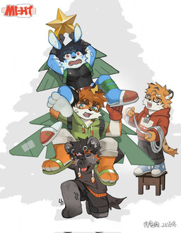anthro black_body black_fur black_hair blue_body blue_eyes blue_fur bottomwear brown_body brown_fur christmas_tree clothing eyes_closed eyewear fur fur_markings glasses group hair holidays hoodie looking_at_viewer male markings multicolored_body multicolored_fur muscular muscular_male open_mouth orange_body orange_eyes orange_fur plant red_eyes shorts sleeveless_shirt topwear tree two_tone_body two_tone_fur xxxiangout christmas canid canine canis felid lagomorph leopard leporid mammal pantherine rabbit tiger wolf hi_res