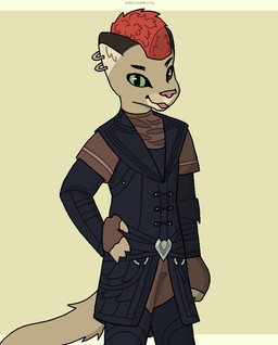 anthro black_clothing black_uniform brown_clothing clothing ear_piercing fur green_eyes hair hand_on_hip looking_at_viewer male mohawk piercing pink_nose red_hair solo tail tan_body tan_fur ashblondekittyy microsoft the_elder_scrolls the_elder_scrolls_online razum-dar felid khajiit mammal
