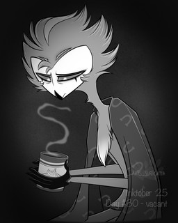 anthro beak bottomwear chest_tuft clothed clothing coffee_mug container cup feathers holding_container holding_cup holding_mug holding_object male mouth_closed mug multi_eye pants sad shirt solo steam text topwear tuft atimon hellaverse helluva_boss stolas_(helluva_boss) avian demon 2025 4:5 hi_res monochrome signature