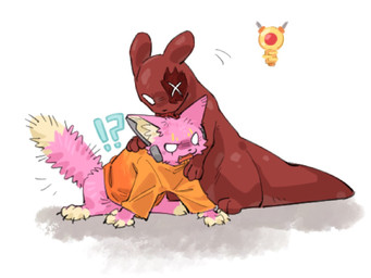 ambiguous_gender black_nose clothing duo empty_eyes exclamation_point eye_scar facial_scar feral fur inner_ear_fluff looking_at_another open_mouth paws pink_body quadruped question_mark red_body scar tail tuft aaasakawa rain_world videocult artificer_(rain_world) five_pebbles_(rain_world) felid feline mammal slugcat 2026
