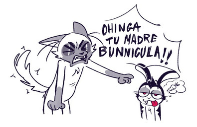 anthro carrot duo exclamation_point fangs food fur gesture hair half-closed_eyes hand_gesture long_ears male narrowed_eyes plant pointing pointing_at_another purple_eyes sharp_teeth simple_background standing tail teeth text thought_bubble tongue tongue_out vegetable white_background yelling viat_on bunnicula_(series) bunnicula chester_(bunnicula) domestic_cat felid feline felis lagomorph leporid mammal rabbit siamese_cat vampire 2026 digital_media_(artwork) spanish_text translated