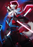 anthro bottomwear bracelet choker clothing cube_(object) cyberpunk fluffy gameplay_mechanics grey_body hair horn jacket jewelry laser male melee_weapon necklace neon pants red_eyes rhythm_game ribbons smile solo sword tail tongue tongue_out topwear weapon white_hair liloli_(artist) okuri asian_mythology beat_saber east_asian_mythology japanese_mythology mythology okuri_yamainu yokai hi_res andromorph_(lore)