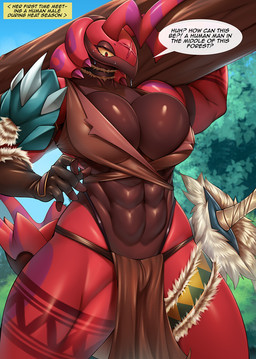 5_fingers abs antennae_(anatomy) anthro big_breasts bodily_fluids bottomwear breasts brown_body brown_countershading clothed clothing countershading dialogue exoskeleton female fingers glistening glistening_abs glistening_body glistening_breasts glistening_thighs grass huge_breasts loincloth muscular muscular_anthro muscular_female muscular_thighs non-mammal_breasts plant red_body red_exoskeleton red_eyes solo speech_bubble sweat text thick_thighs tree yellow_sclera mleonheart nintendo pokemon arthropod generation_5_pokemon pokemon_(species) scolipede 2024 digital_media_(artwork) english_text hi_res