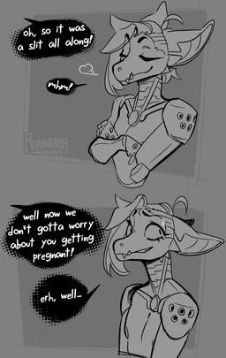 ambiguous_gender anthro big_ears cybernetic_arm cybernetic_limb cybernetics dialogue hair machine nipples simple_background smile snaggle_tooth solo speech_bubble text thick_thighs wide_hips conditional_dnp remanedur remington_(remanedur) kobold scalie comic digital_media_(artwork) english_text