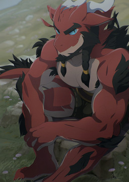 anthro armpit_hair beard black_beard black_facial_hair blue_eyes body_hair bottomwear braided_hair clothed clothing eyebrows facial_hair fur hair horn looking_at_viewer male muscular muscular_anthro muscular_male outside red_body red_fur shorts sitting solo topless topless_anthro topless_male neje mythology reindom dragon mythological_creature mythological_scalie scalie 2017 hi_res