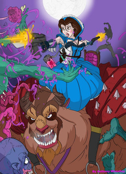 anthro ball_gown bodily_fluids brain buns cape chair clothing dress fangs female flower furniture gun guts hair horn male moon open_mouth organs plant ranged_weapon rose_(flower) saliva shotgun teeth weapon superwheatley beauty_and_the_beast disney disney_princess beast_(disney) belle_(beauty_and_the_beast) human mammal undead zombie
