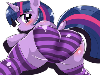 blush bottomwear butt clothed clothing dock_(anatomy) eyebrows eyelashes female feral footwear hair hooves horn legwear looking_at_viewer looking_back multicolored_hair panties pattern_bottomwear pattern_clothing pattern_footwear pattern_legwear pattern_panties pattern_socks pattern_underwear purple_eyes shadow simple_background socks solo striped_bottomwear striped_clothing striped_footwear striped_legwear striped_panties striped_socks striped_underwear stripes tail underwear white_background umejiru friendship_is_magic hasbro my_little_pony mythology twilight_sparkle_(mlp) equid equine mammal mythological_creature mythological_equine unicorn 2015 4:3