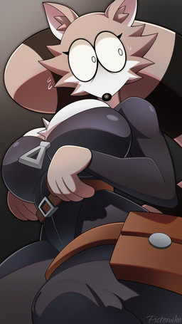 anthro big_breasts black_bodysuit black_clothing black_latex black_skinsuit bodily_fluids bodysuit breasts cleavage clothed clothed_anthro clothed_female clothing female fur grey_body grey_fur huge_breasts latex latex_bodysuit latex_clothing latex_skinsuit skinsuit solo sweat tail thick_thighs tight_clothing wide_hips zipper pictomike uva_the_raccoon mammal procyonid raccoon 2026 absurd_res hi_res