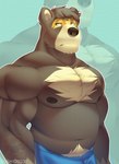 anthro bottomwear brown_body brown_fur chest_tuft clothing frown fur looking_aside male musclegut muscular navel nipples pants pecs solo standing tuft yellow_body yellow_eyes yellow_fur sush1d0g3 animal_crossing nintendo ike_(animal_crossing) bear mammal 2021 hi_res