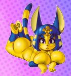 2018 animal_crossing ankha_(animal_crossing) anthro areola bangs big_breasts big_butt biped blue_eyes blue_hair breast_rest breast_squish breasts bubble_butt butt chest_tuft conditional_dnp digital_media_(artwork) domestic_cat egyptian eyebrows featureless_feet feet felid feline felis female hair huge_breasts looking_at_viewer lying mammal nintendo nude on_front short_hair short_stack slightly_chubby solo squish teckworks thick_eyebrows tuft uraeus