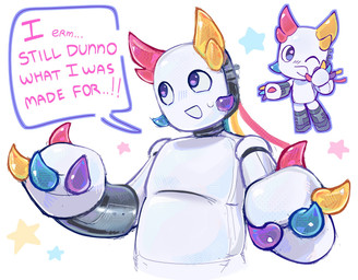 bodily_fluids chibi claws dialogue gesture horn machine male metallic_body multi_horn multicolored_claws multicolored_horn not_furry solo sweat sweatdrop text waving white_body wire borsch_yeek regretevator roblox the_axolotl_sun prototype_(regretevator) horned_humanoid humanoid robot robot_humanoid english_text hi_res