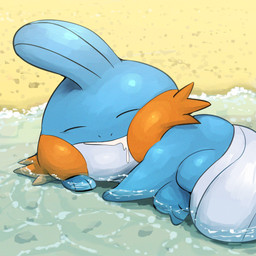 3_toes ambiguous_feral ambiguous_gender beach blue_body blue_fin blue_skin bodily_fluids day drooling eyes_closed feet feral fin head_fin lying multicolored_body multicolored_skin on_side orange_body orange_skin outside partially_submerged quadruped saliva sand sleeping solo tail tail_fin toes water white_body white_fin white_skin spicyichizo nintendo pokemon amphibian generation_3_pokemon mudkip pokemon_(species) 1:1 2026 absurd_res hi_res shaded