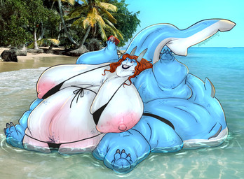 3_toes 4_fingers anthro areola bared_teeth belly beverage beverage_can big_breasts big_tail black_bra black_clothing black_lips black_panties black_underwear blue_arms blue_body blue_fingers blue_legs blue_skin blue_tail blue_toes bra breasts claws clothed clothed_anthro clothed_female clothing feet female female_anthro fin finger_claws fingers grey_claws grey_ears hair holding_beverage holding_object holding_soda huge_breasts hyper hyper_breasts immobile lips morbidly_obese morbidly_obese_anthro morbidly_obese_female nipples non-mammal_areolas non-mammal_breasts non-mammal_nipples obese obese_anthro obese_female overweight overweight_anthro overweight_female panties pink_areola pink_belly pink_body pink_eyes pink_nipples pink_skin red_hair sharp_teeth showing_teeth solo tail teeth toe_claws toes underwear white_belly white_body white_breasts white_skin white_tail haradoshin dr_pepper shannon_shark aquatic carpet_shark fish ginglymostomatid nurse_shark shark absurd_res hi_res signature